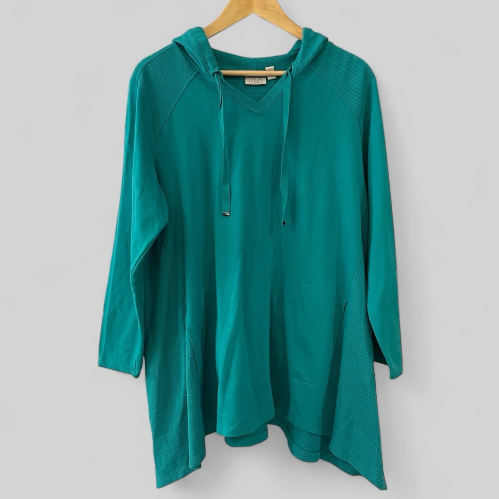 LOGO Pullover Top Womens Size 1X Teal Green Long Sleeve Hooded V Neck
